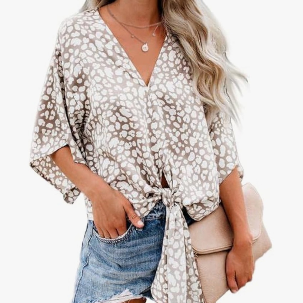 Farktop Womens V Neck Tie Knot Front Blouses Bat Wing Short Sleeve Chiffon Tops